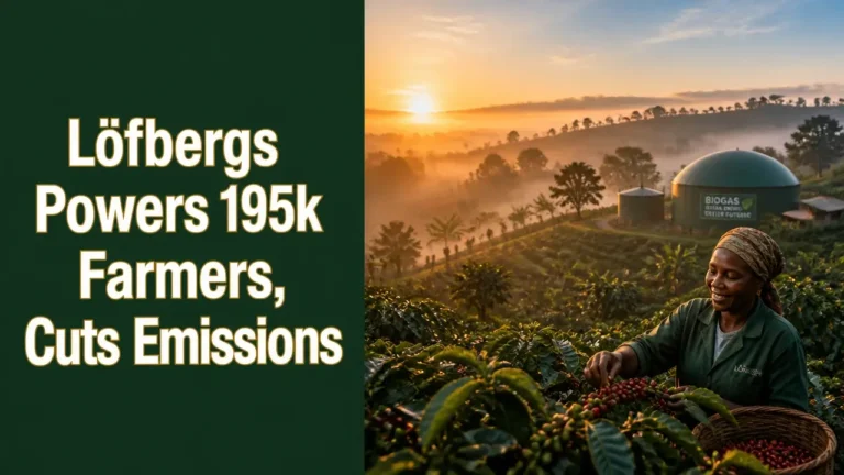 Split image with bold headline on left and misty sunrise coffee farm with green hills on right, highlighting Löfbergs sustainability impact