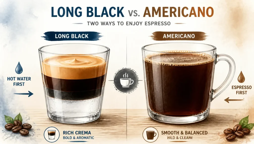 Infographic comparing Long Black and Americano: Long Black – hot water first, rich crema, bold and aromatic. Americano – espresso first, smooth and balanced, mild and clean.