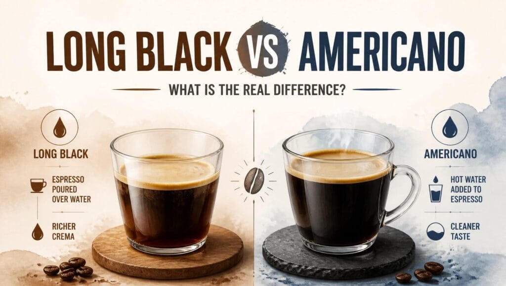 Comparison infographic of Long Black vs Americano: espresso poured over hot water (Long Black) versus hot water added to espresso (Americano), highlighting richer crema and cleaner taste.