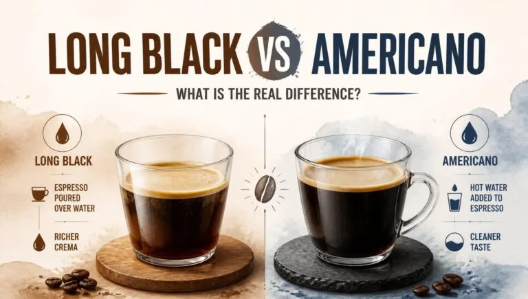 Comparison infographic of Long Black vs Americano: espresso poured over hot water (Long Black) versus hot water added to espresso (Americano), highlighting richer crema and cleaner taste.