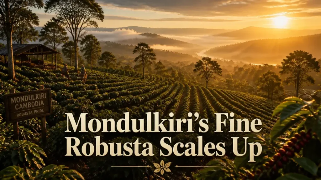 Mondulkiri coffee partnerships aim to scale Fine Robusta 4 Golden hour landscape over terraced coffee farms in Mondulkiri with headline typography about scaling Fine Robusta