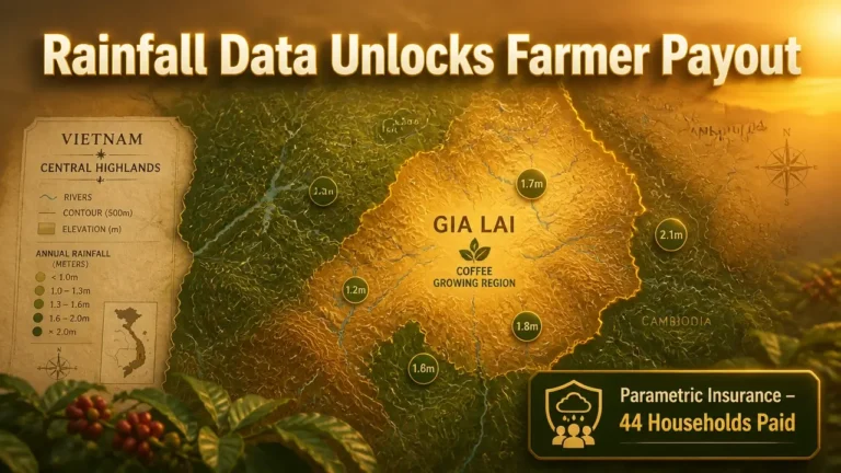 Topographic map of Vietnam's Central Highlands with bold typography reading 'Rainfall Data Unlocks Farmer Payout' and small parametric insurance payout statistic