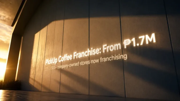 Projected headline 'PickUp Coffee Franchise: From ₱1.7M' on a minimal concrete wall, highlighting low-cost entry for franchising expansion