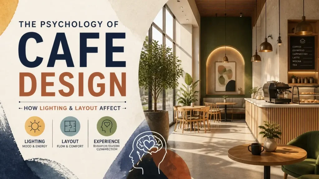A hyper-realistic 3D rendering of a modern cafe interior featuring artistic watercolor textures and optimized layout design.