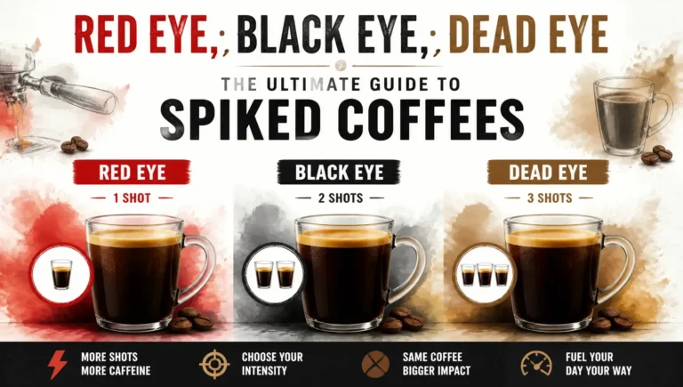 Infographic comparing Red Eye, Black Eye, and Dead Eye spiked coffees: Red Eye with 1 espresso shot, Black Eye with 2 shots, Dead Eye with 3 shots. More shots equal more caffeine intensity and bolder flavor.
