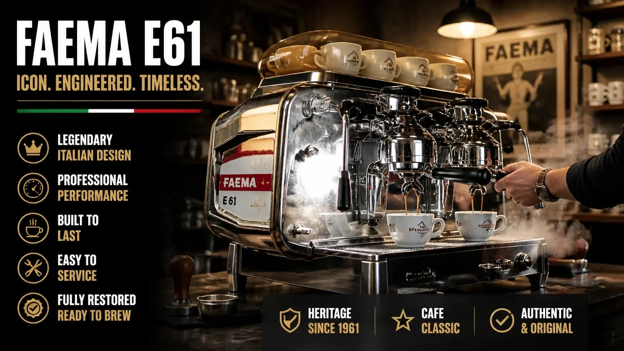 Professional barista operating a fully restored vintage Faema E61 espresso machine in a classic cafe