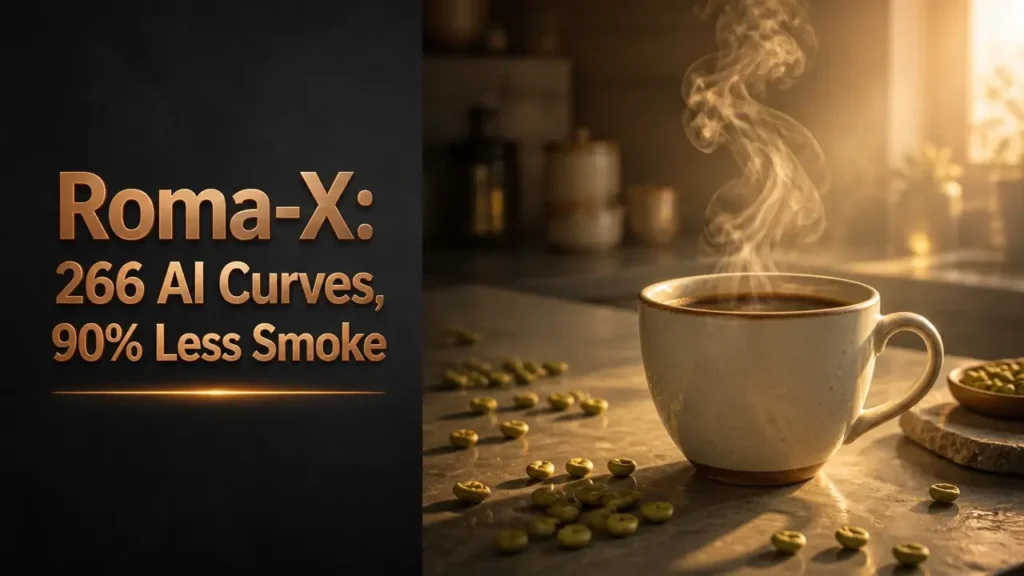 AI Home Coffee Roaster Roma-X Debuts 9 Split composition with bold copper typography 'Roma-X: 266 AI Curves, 90% Less Smoke' on dark panel, warm kitchen countertop with coffee cup and beans, representing AI home coffee roaster debut.