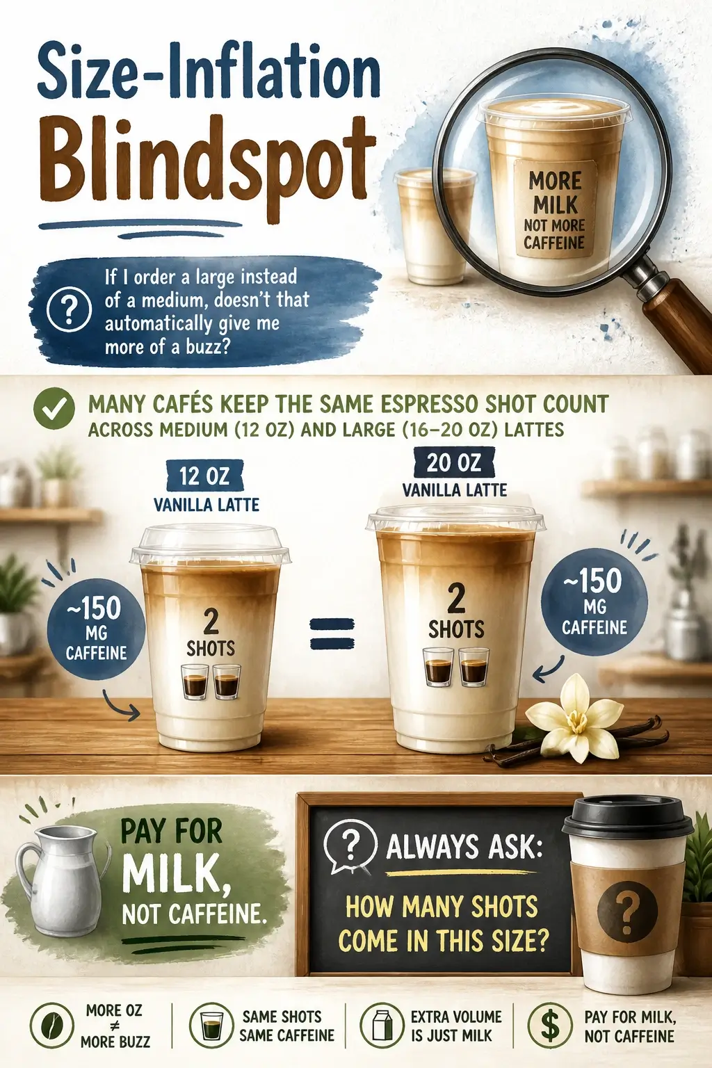 An infographic comparing espresso shot counts in medium versus large lattes to highlight size inflation and caffeine content.