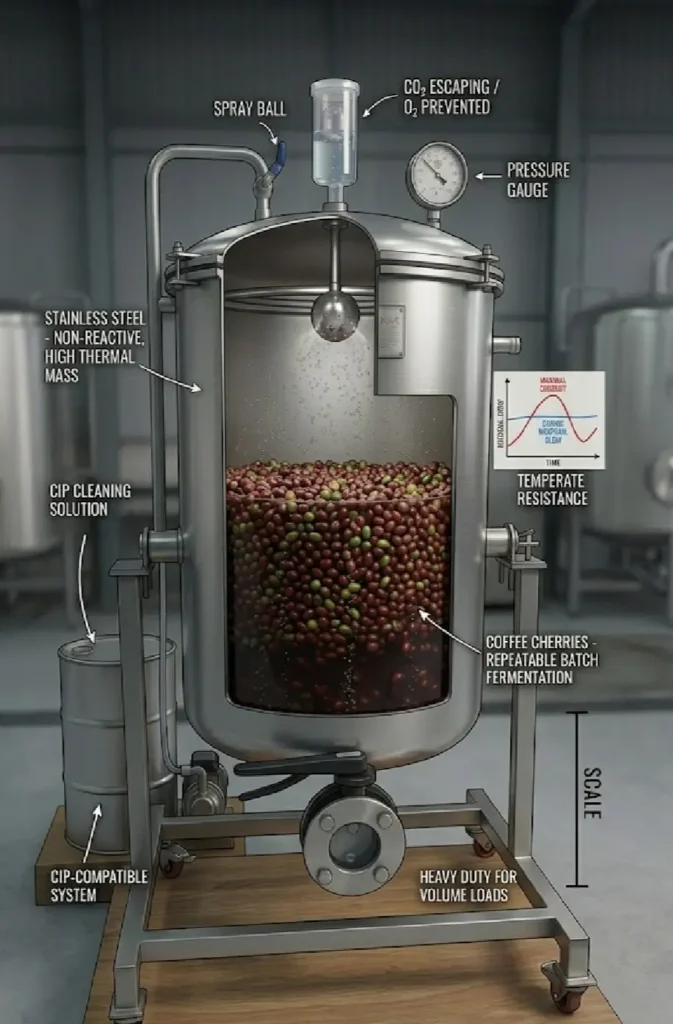 A technical cross-section of a stainless steel anaerobic coffee fermentation tank showing coffee cherries, CIP spray ball system, pressure gauge, and thermal mass stability chart.