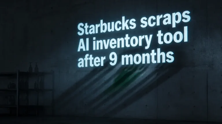 Projected headline 'Starbucks scraps AI inventory tool after 9 months' on a dark concrete wall with long shadow and faint empty shelf silhouettes