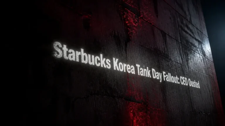 Projected headline 'Starbucks Korea Tank Day Fallout: CEO Ousted' on dark concrete at night with red neon glow