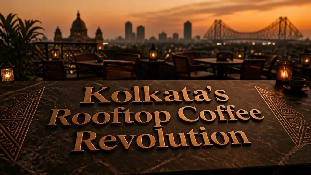 Bronze embossed headline on dark stone foreground with Kolkata rooftop bar at dusk, warm bokeh city lights, editorial coffee scene.