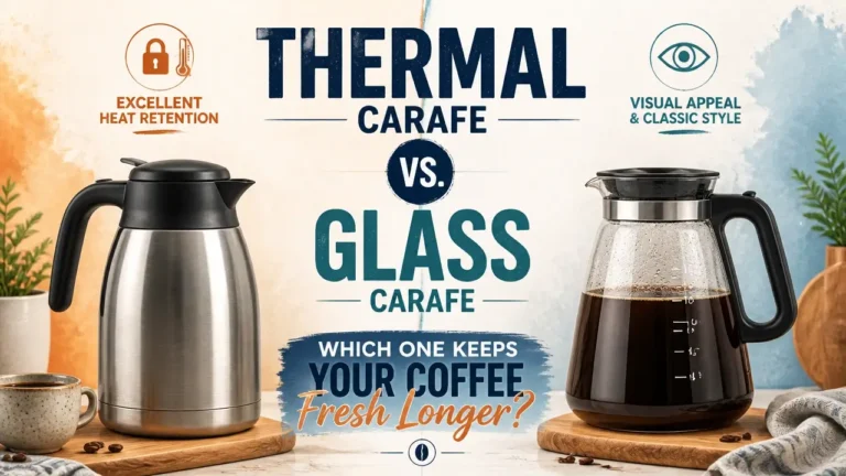 Hyper-realistic 3D rendering comparing thermal carafe and glass carafe for optimal coffee freshness.