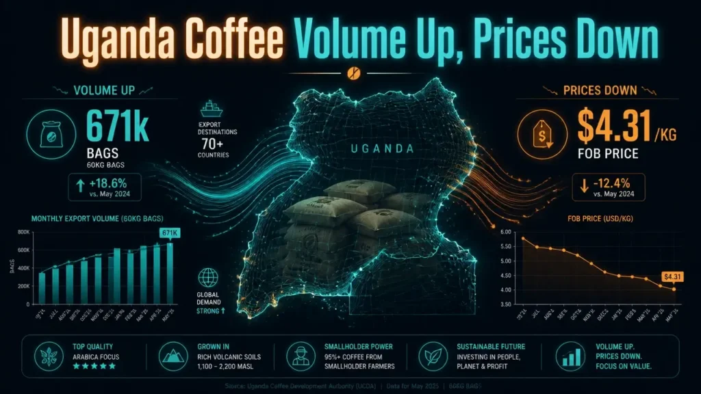 Abstract dashboard showing Uganda coffee export volume rise and price decline with glowing data lines and coffee bag icons