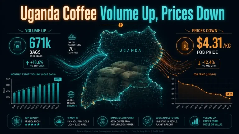 Abstract dashboard showing Uganda coffee export volume rise and price decline with glowing data lines and coffee bag icons
