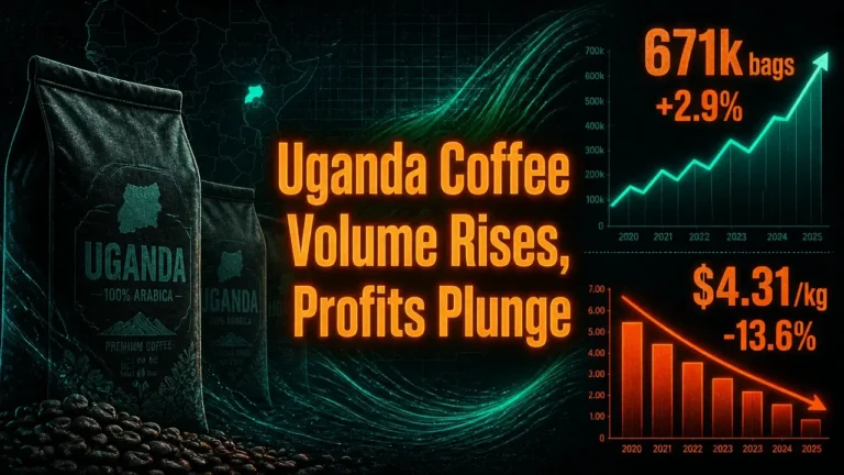 Abstract visualization showing rising Ugandan coffee shipment numbers and falling price figures, with neon data lines and coffee bag silhouettes