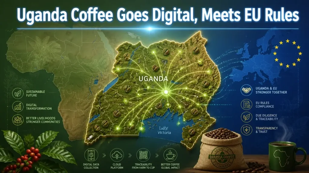 Cartographic view of Uganda with glowing digital network lines and coffee bean icons, highlighting Uganda coffee traceability for EU compliance