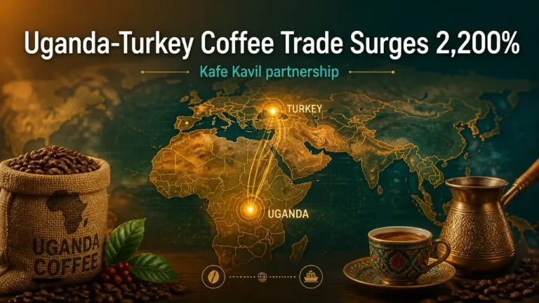 Warm-toned map highlighting Uganda and Turkey with glowing trade lines and bold headline about coffee trade surge