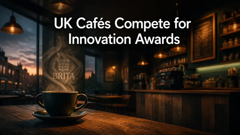 Cozy empty café interior with warm lighting, coffee cup silhouette, and headline about UK cafés competing for innovation awards