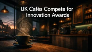 Cozy empty café interior with warm lighting, coffee cup silhouette, and headline about UK cafés competing for innovation awards