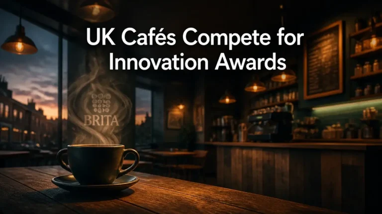 Cozy empty café interior with warm lighting, coffee cup silhouette, and headline about UK cafés competing for innovation awards