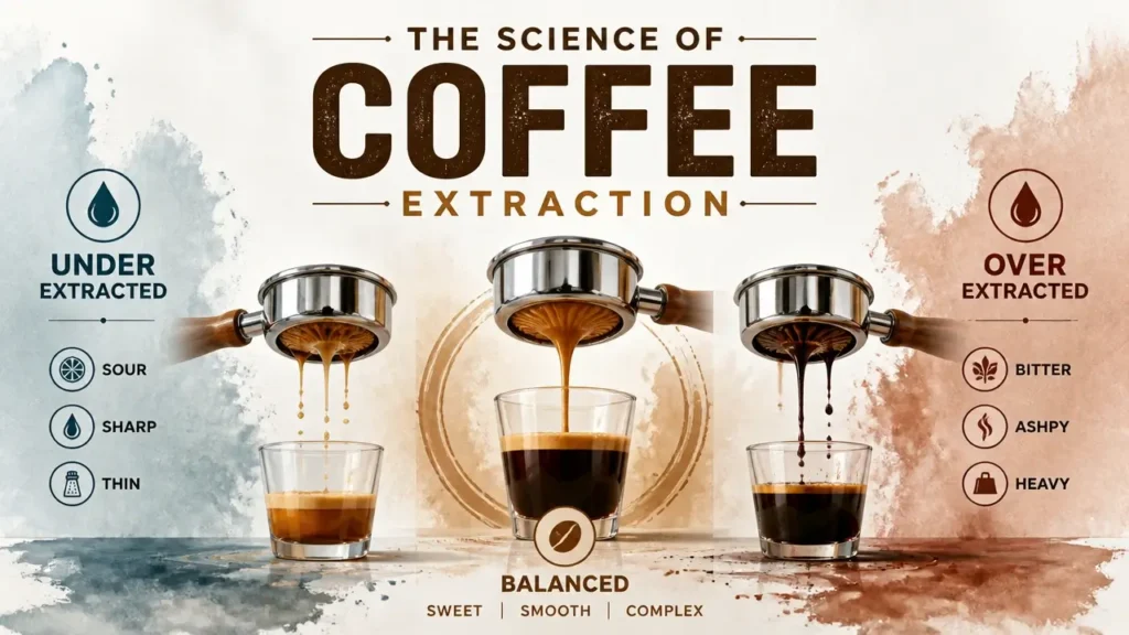 The Science of Coffee Extraction: How to Diagnose Under vs Over Extracted Brews 6 A professional 3D infographic comparing under extracted vs over extracted coffee with watercolor textures.