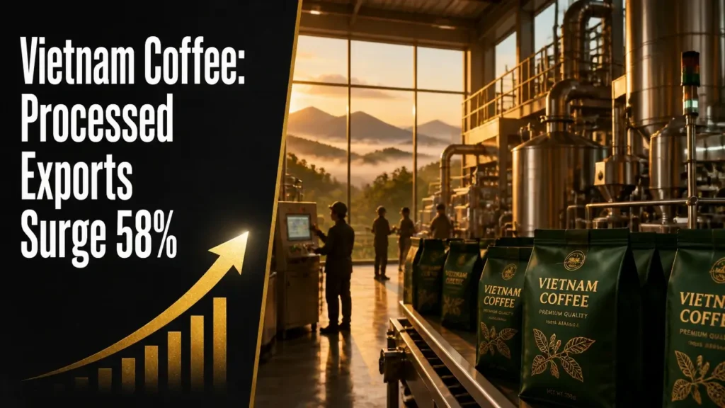 Vietnam coffee deep processing reshapes exports 4 Split composition showing 'Vietnam Coffee Processed Exports Surge 58%' headline and a warm golden-hued coffee processing facility interior