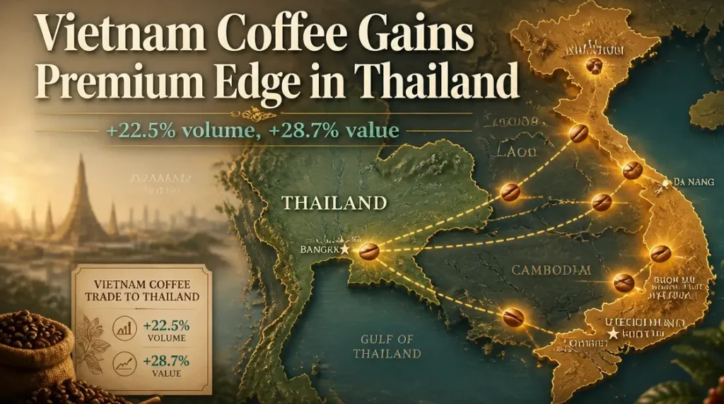 Stylized Southeast Asia map highlighting Vietnam and Thailand with coffee bean icons and bold headline about premium coffee surge