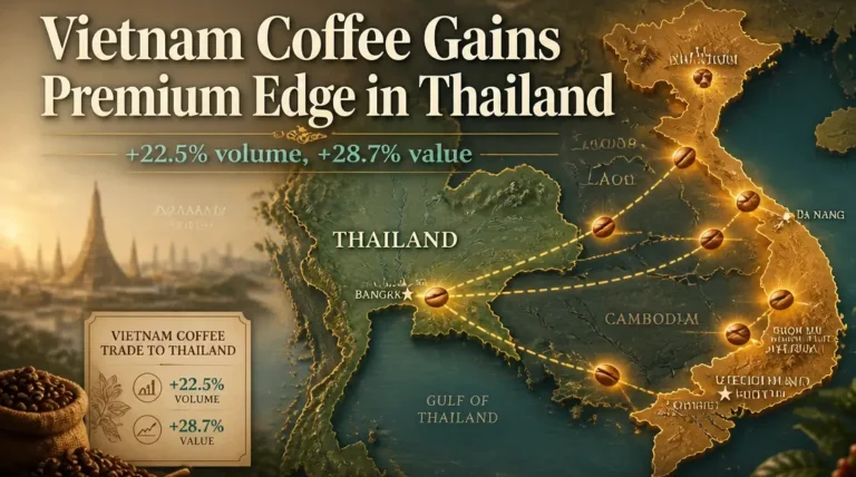 Stylized Southeast Asia map highlighting Vietnam and Thailand with coffee bean icons and bold headline about premium coffee surge