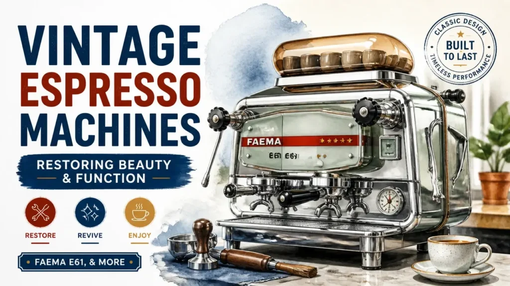 A professional 3D rendered watercolor illustration of a vintage Faema E61 espresso machine, focusing on high-quality restoration and design.