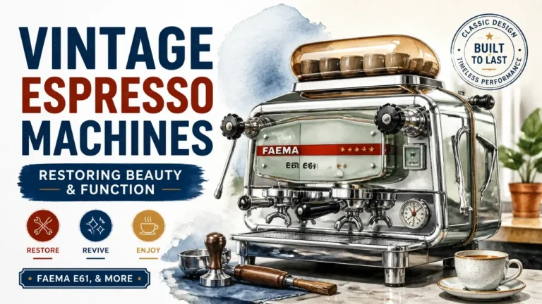 A professional 3D rendered watercolor illustration of a vintage Faema E61 espresso machine, focusing on high-quality restoration and design.