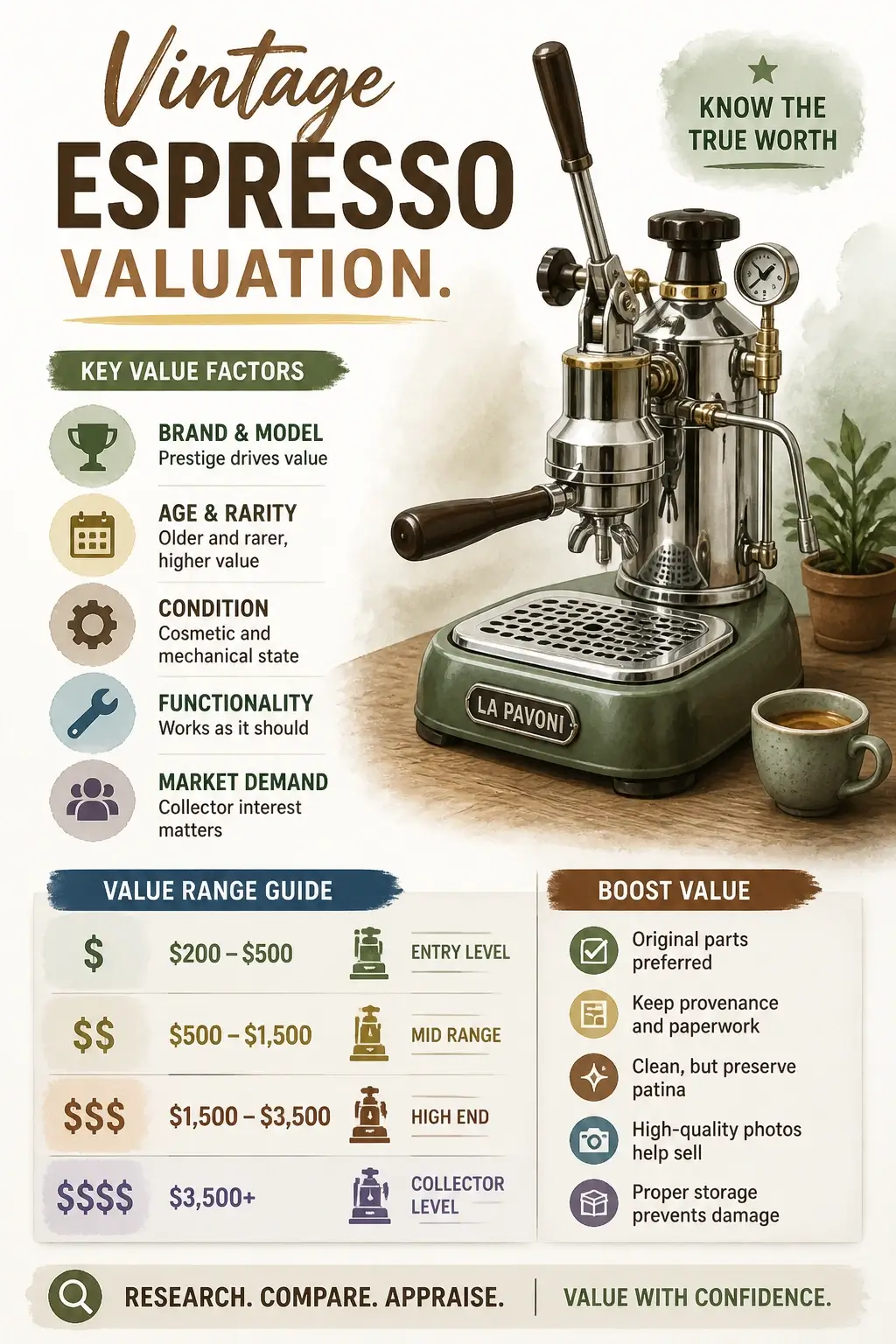 Infographic showing vintage espresso machine valuation for collectors of Faema E61 and classic coffee equipment