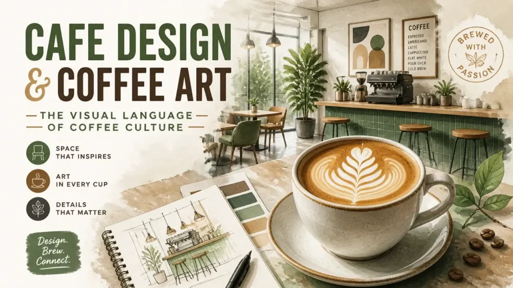 A modern 3D rendered infographic style magazine cover featuring coffee art, illustrating the visual language of coffee culture.