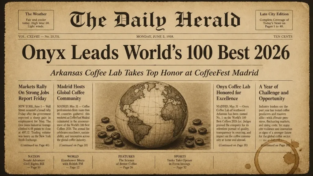 Vintage newspaper front page announcing Onyx Coffee Lab as number one on World's 100 Best Coffee Shops 2026 list, with sepia tones and bold headline