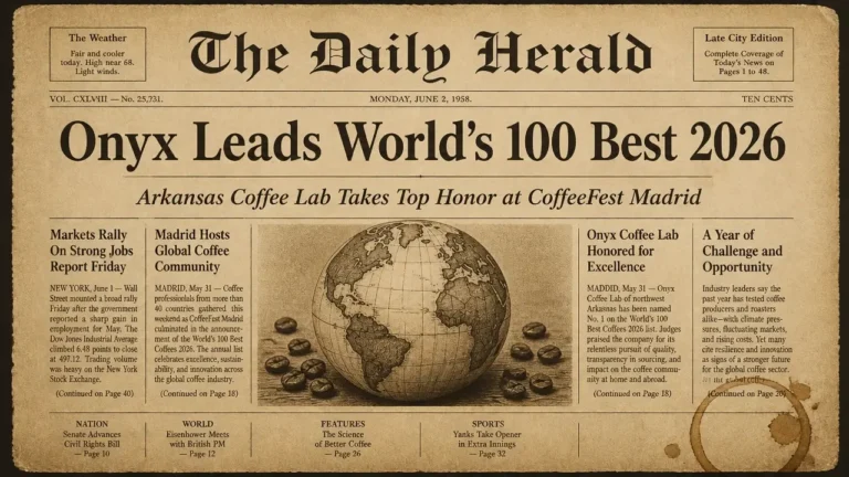 Vintage newspaper front page announcing Onyx Coffee Lab as number one on World's 100 Best Coffee Shops 2026 list, with sepia tones and bold headline