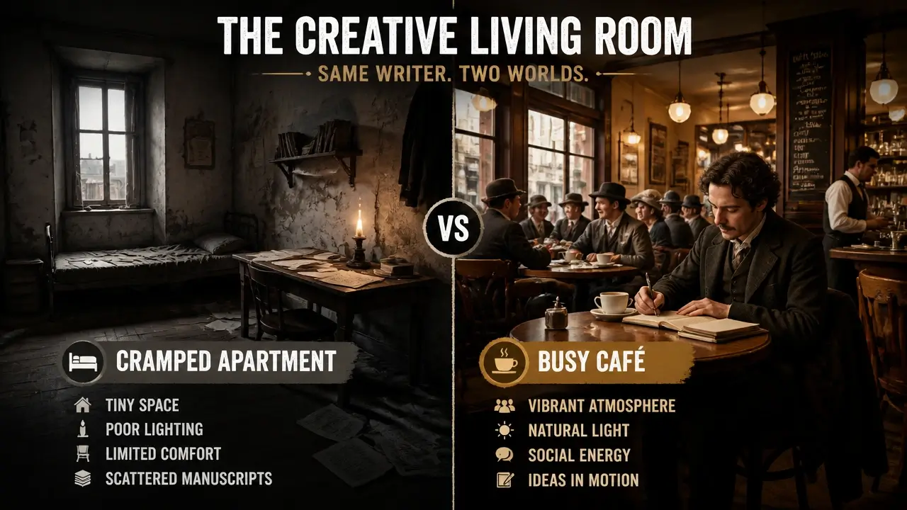 Comparison of a dark cramped nineteenth century apartment and a modern bustling creative cafe workspace