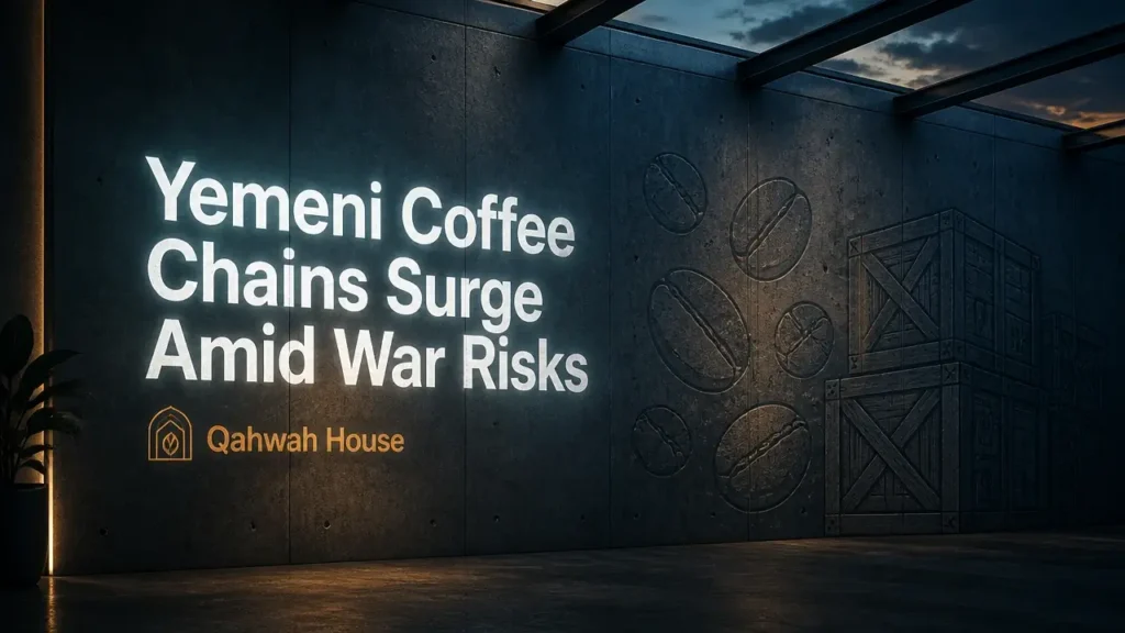 Projected bold headline over abstract industrial wall with coffee bean silhouettes, conveying Yemeni coffee shop expansion and supply chain risk