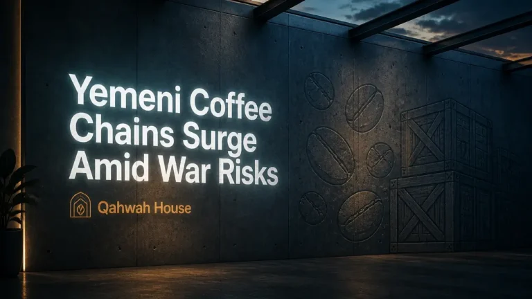 Projected bold headline over abstract industrial wall with coffee bean silhouettes, conveying Yemeni coffee shop expansion and supply chain risk