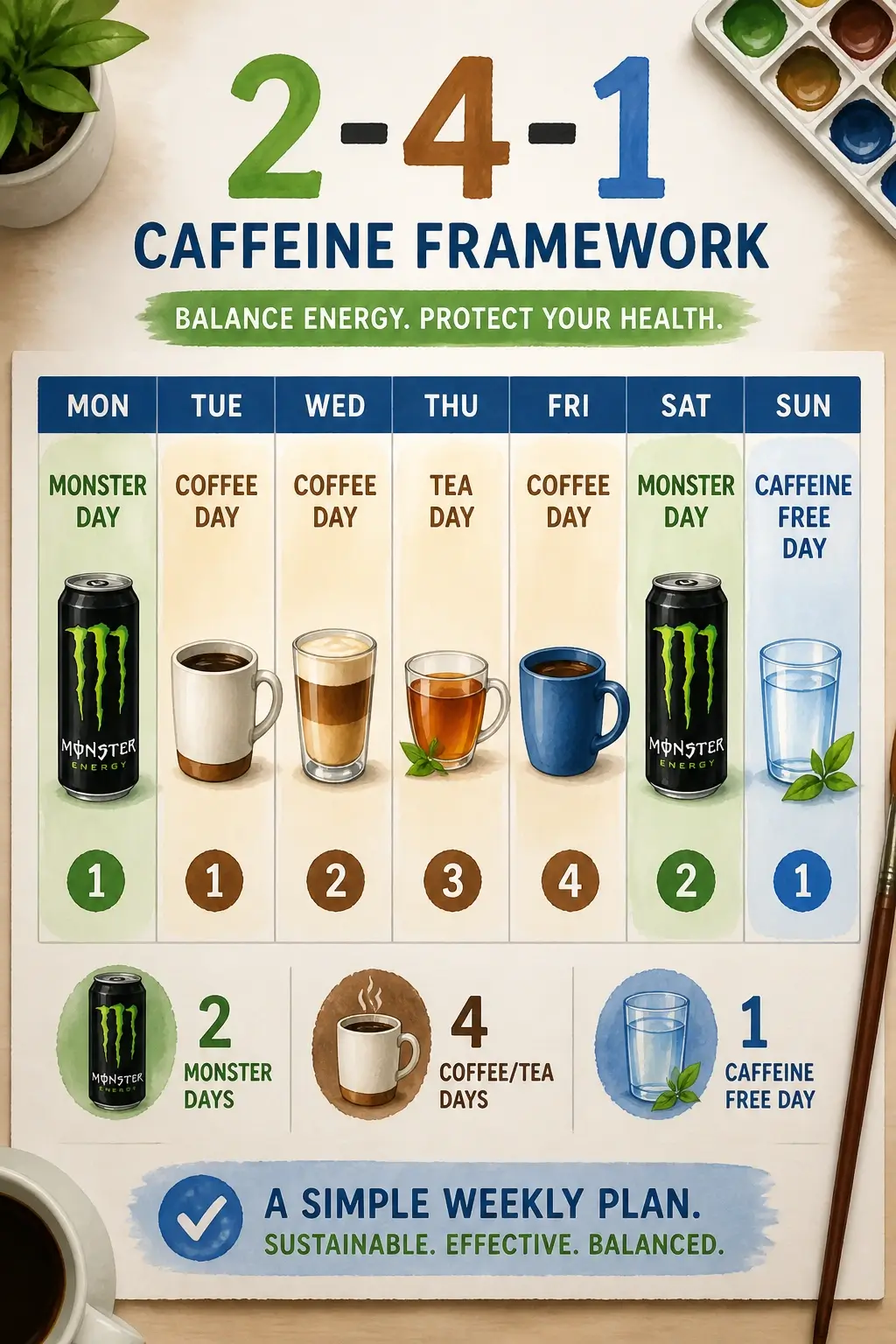 A 3D watercolor infographic illustrating a weekly 2-4-1 caffeine management schedule with days for Monster energy drinks, coffee, and caffeine-free rest.