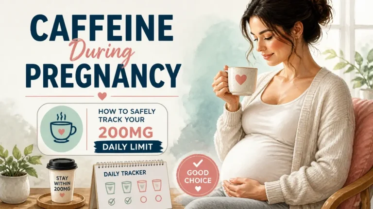 Infographic style illustration showing safe caffeine tracking for pregnancy with a 200mg limit