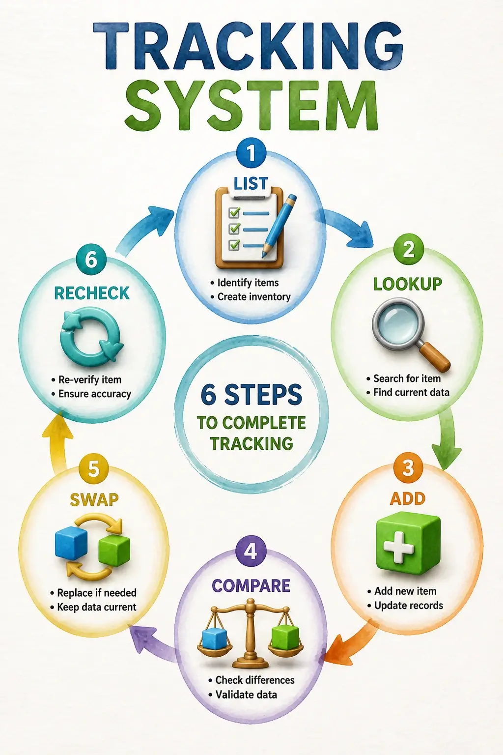 A 3D circular infographic showing the tracking process for accidental overages including list, lookup, add, compare, swap, and recheck steps.