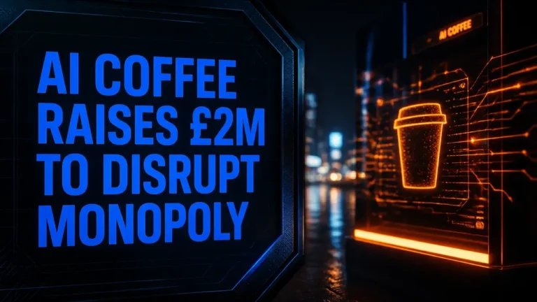Split composition showing bold typography 'AI coffee raises £2m to disrupt monopoly' beside a moody urban scene with glowing abstract AI and coffee elements