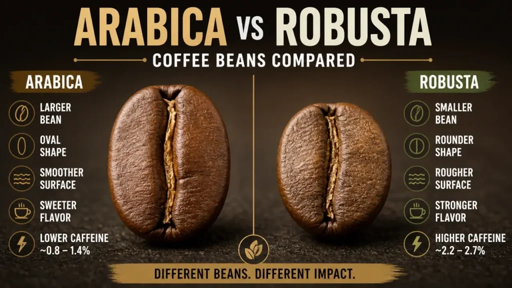 Chlorogenic Acid in Coffee: What the Science Actually Says About Its Antioxidant and Metabolic Power 5 Macro side by side view of Arabica and Robusta coffee beans