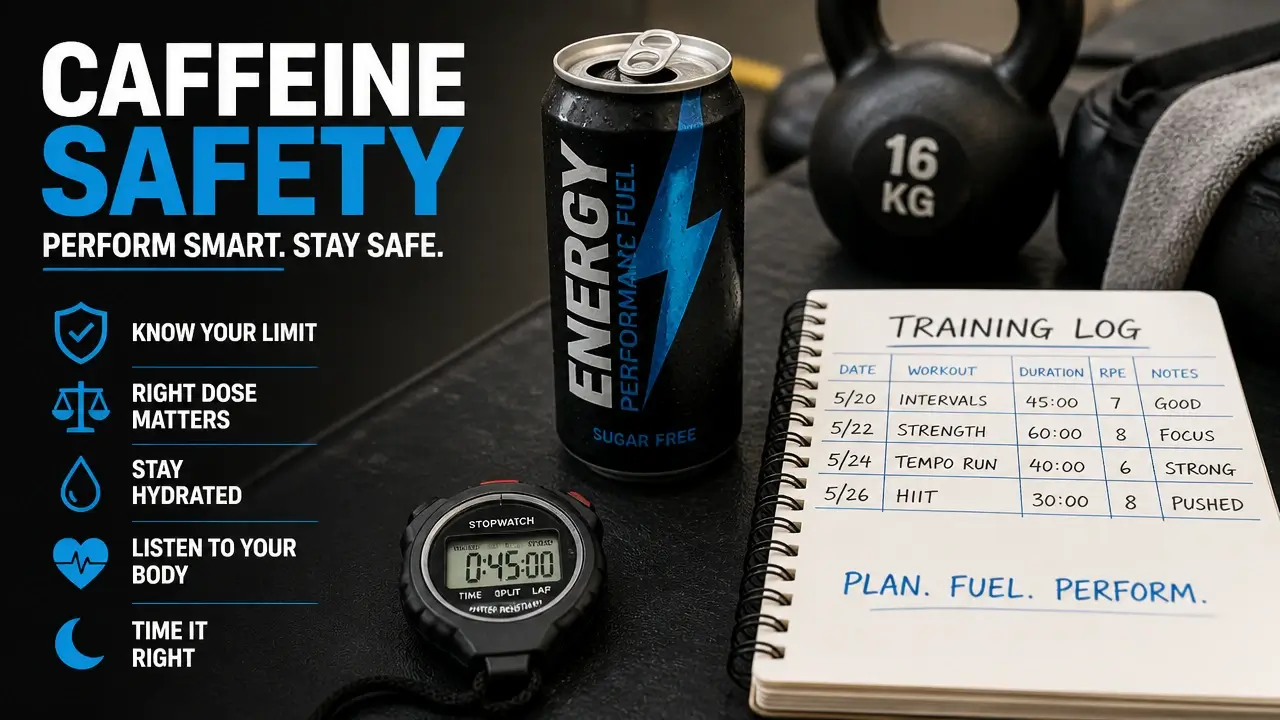 Training station featuring an energy drink can, stopwatch, and workout logbook.