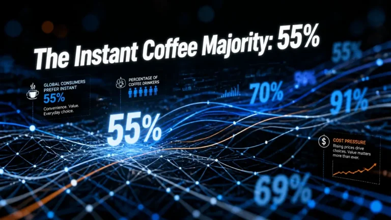 Abstract data visualization with glowing lines and percentages representing Australian coffee consumption trends, highlighting instant coffee majority.