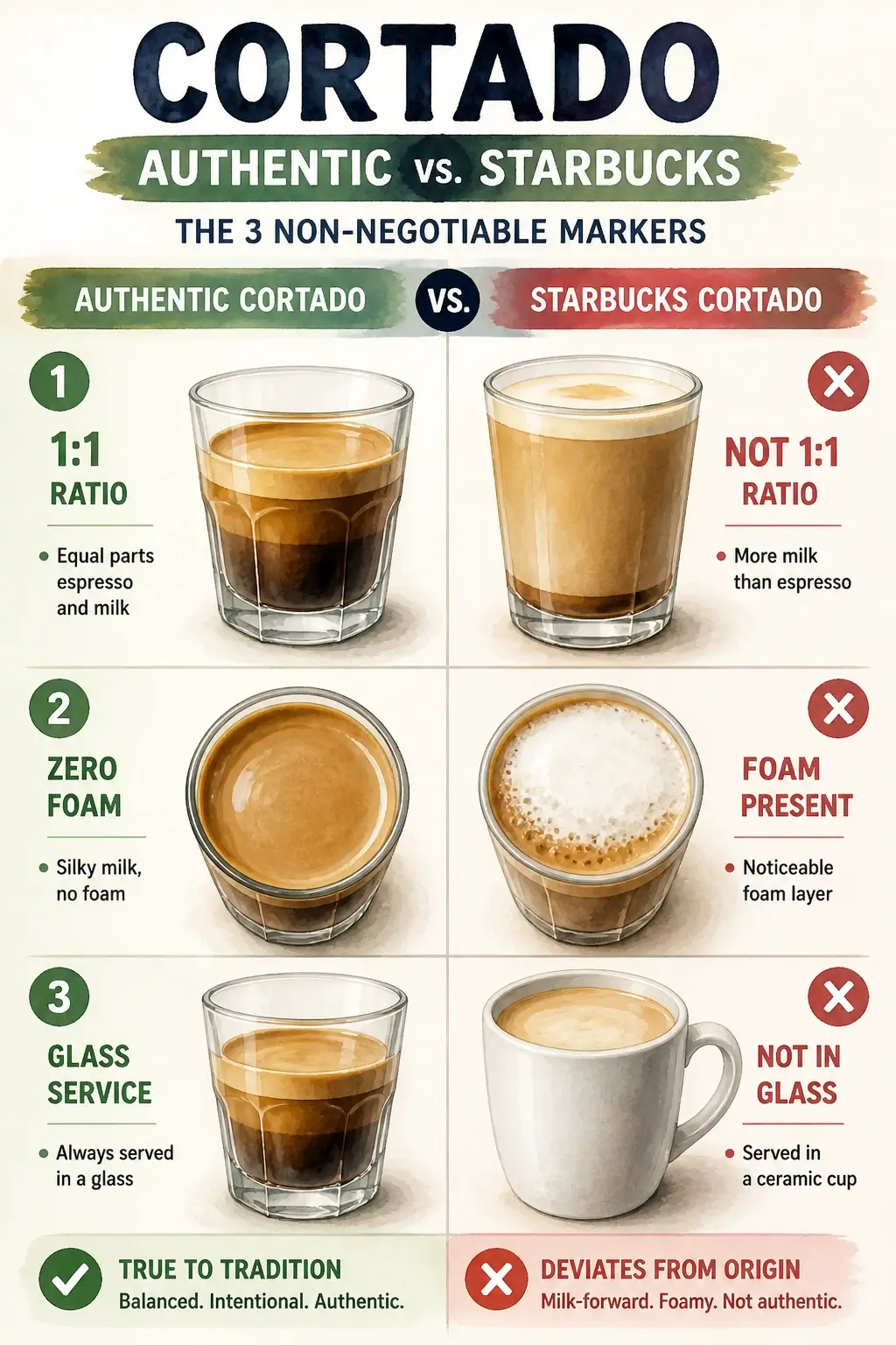 Infographic comparing authentic cortado markers like 1:1 ratio and glass service against commercial deviations.
