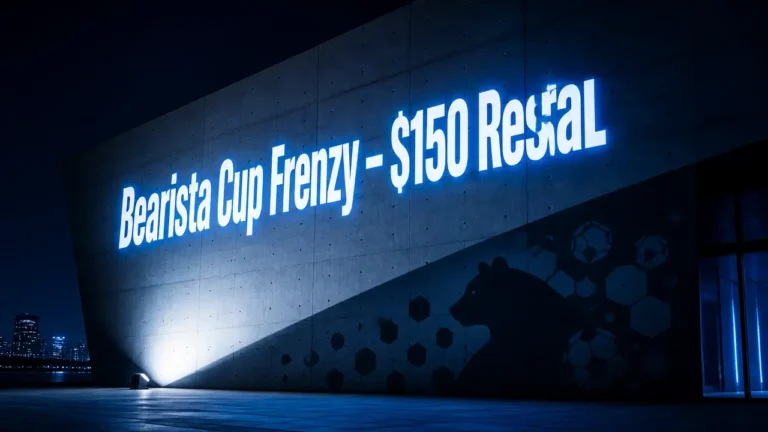 Projected headline 'Bearista Cup Frenzy – $150 Resale' on a dark concrete facade with abstract bear and soccer shadow patterns, symbolizing the Starbucks cup resale craze