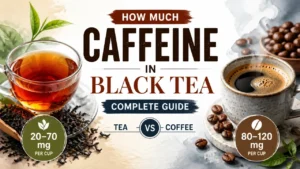 Hyper-realistic 3D rendering comparing caffeine content in black tea versus coffee