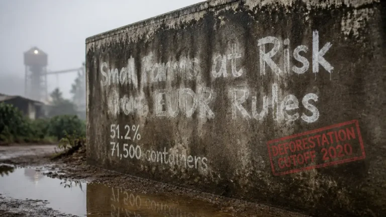 Chalk text 'Small Farms at Risk from EUDR Rules' on weathered concrete wall with statistics about Brazil coffee exports to the EU