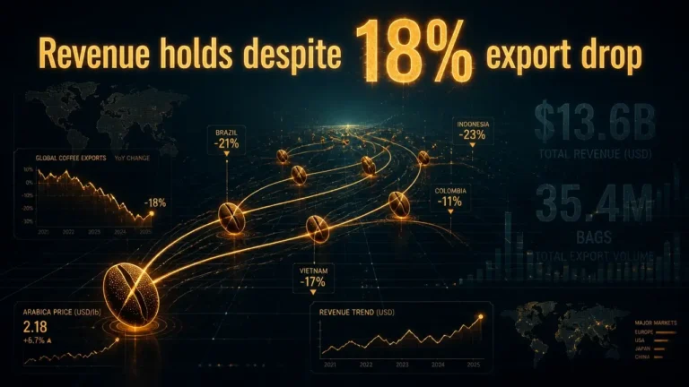 Abstract data visualization with glowing amber typography 'Revenue holds despite 18% export drop' over dark navy grid and flowing lines, representing Brazil coffee export statistics.